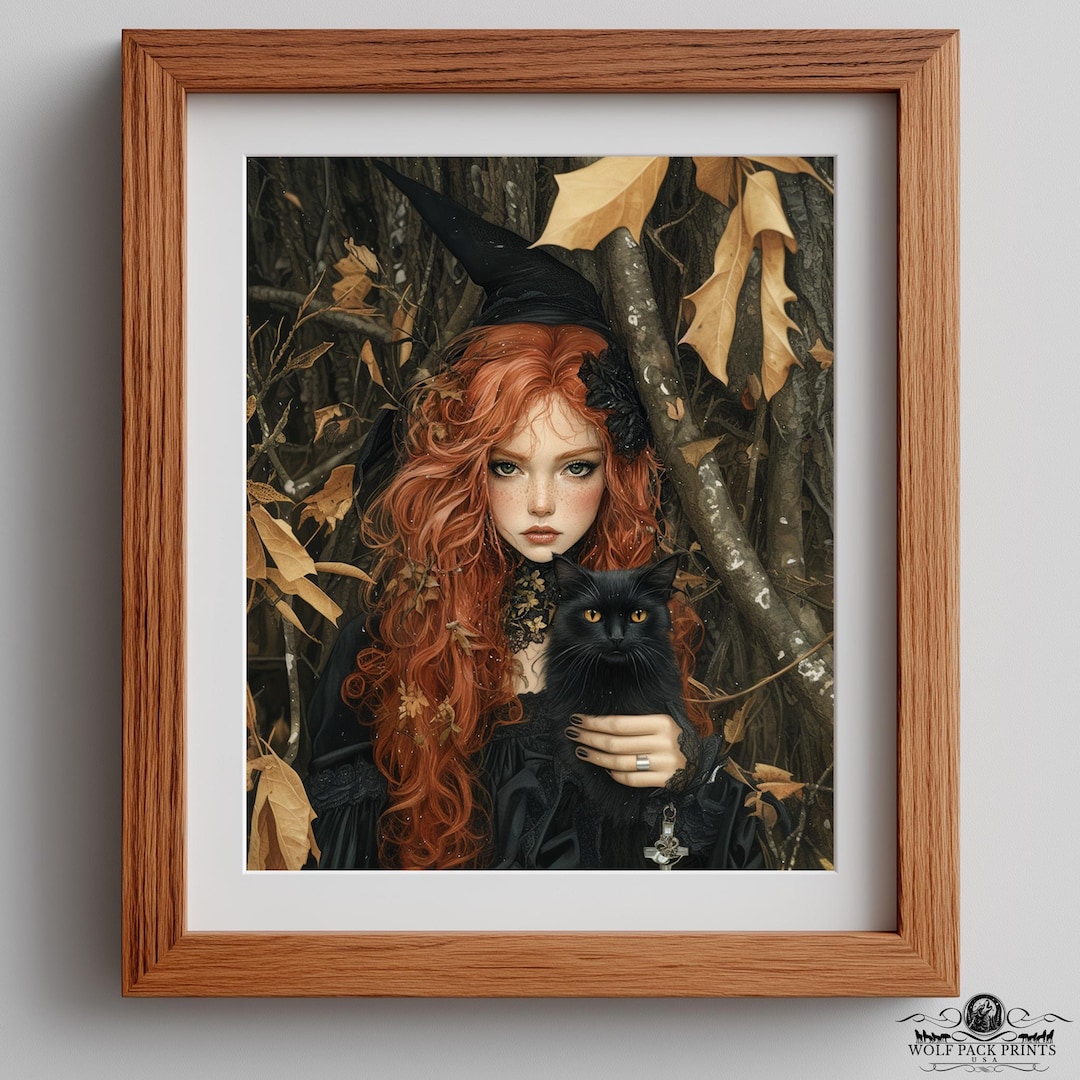 Dark Gothic Witch Black Cat Portrait Art Print - Moody Halloween Wall ...