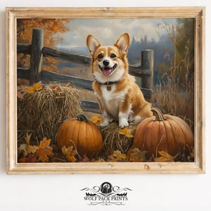 May include: A framed print of a happy corgi dog sitting on hay bales with two pumpkins. The dog is brown and white with a black collar. The background features a wooden fence, autumn leaves, and a landscape.