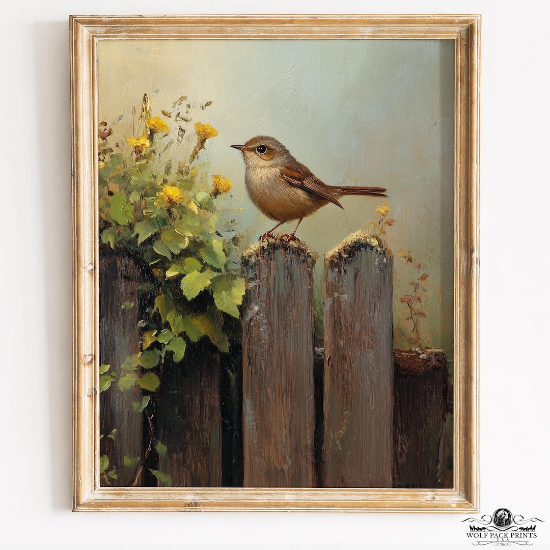 Rustic Wren Rustic Wren on Weathered Fence Printable - Cottagecore Nature Art, Soft ...