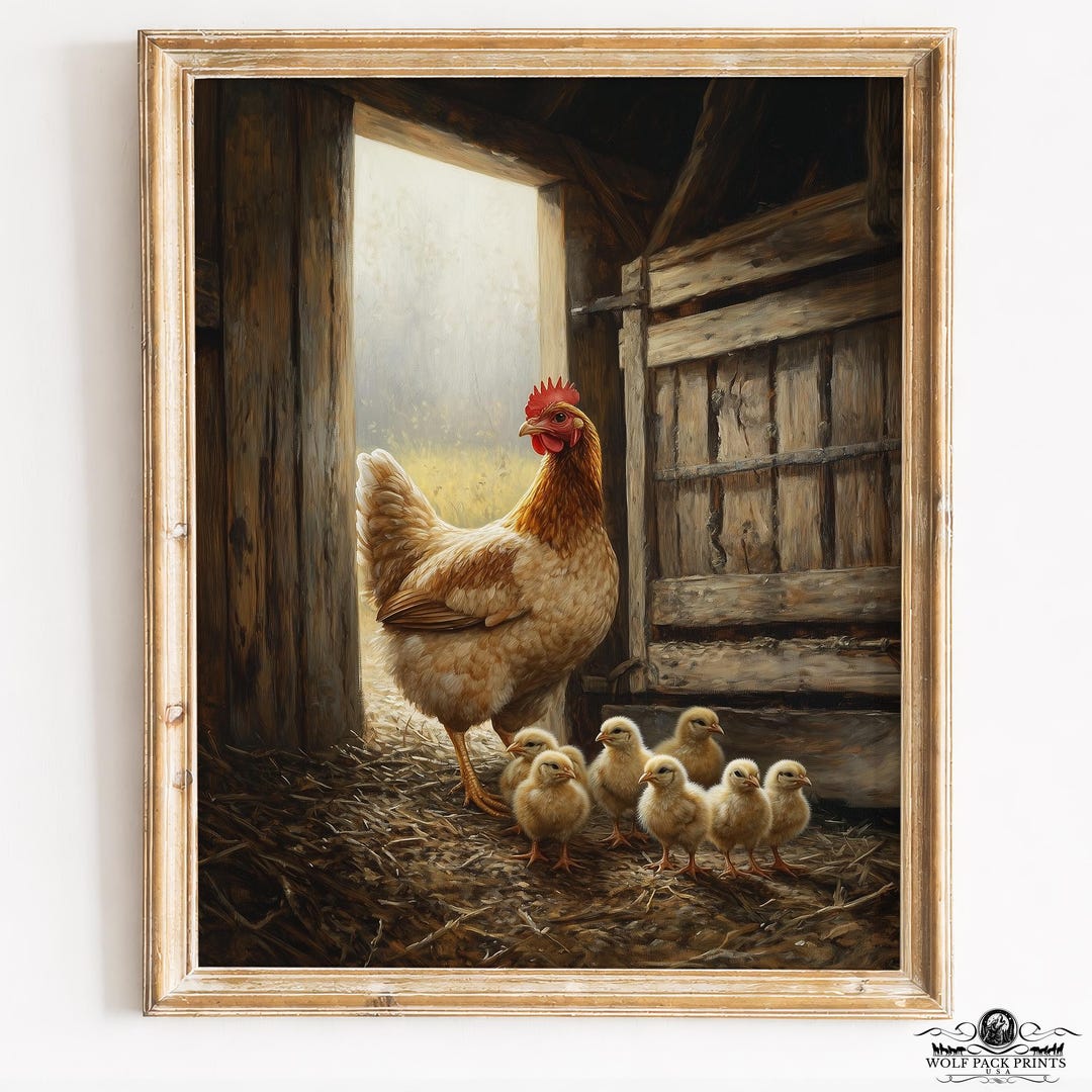 Rustic Chick Rustic Farmhouse Hen & Chick Painting - Country Chicken Family, Cozy ...