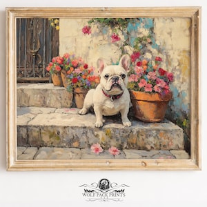 Cottagecore French Bulldog on Spring Stoop - Vintage Floral Painting, Pastel Wall Art, Printable Cozy Decor, Digital Download Print 1053