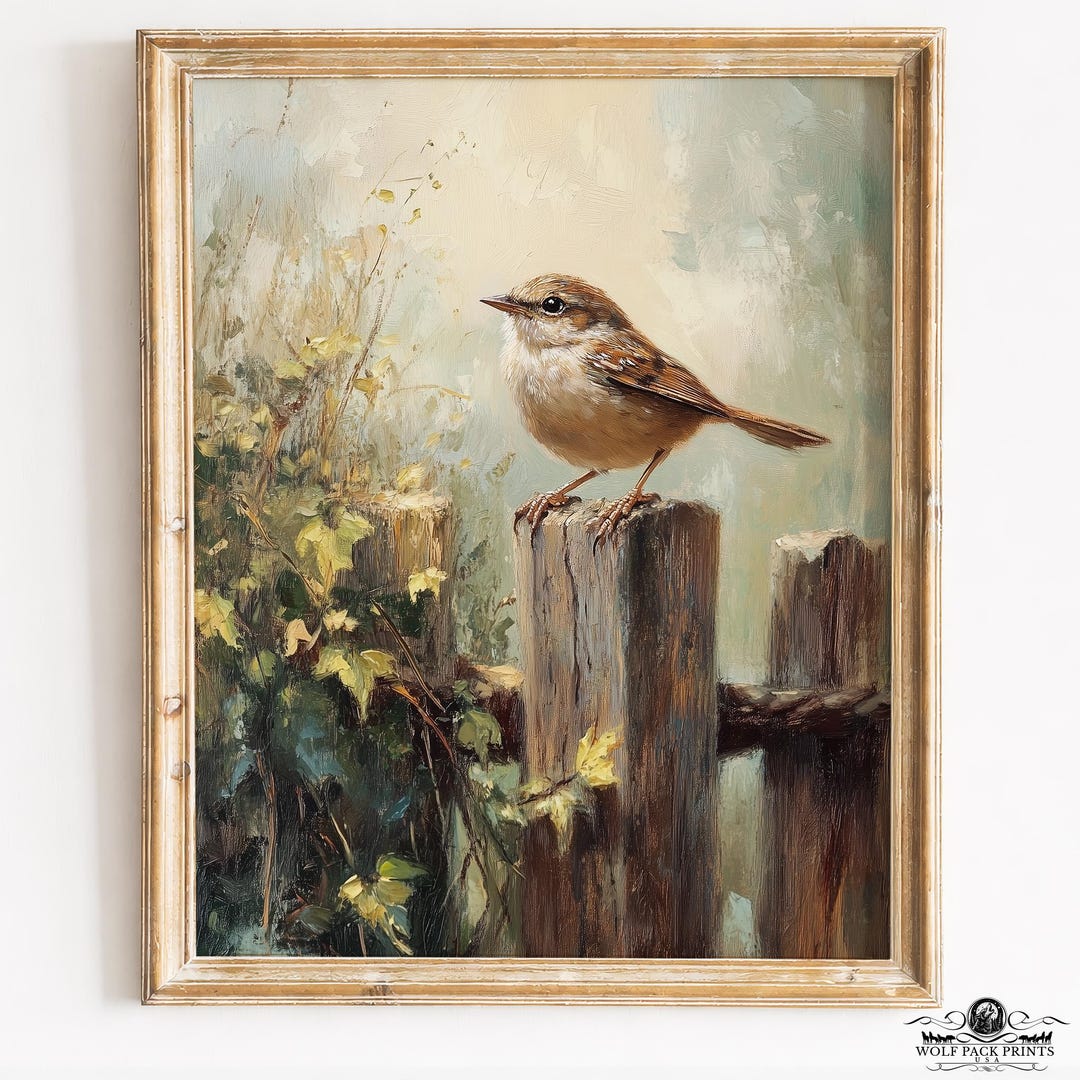 Rustic Wren Rustic Cottagecore Wren Painting - Vintage Bird on Weathered Fence ...