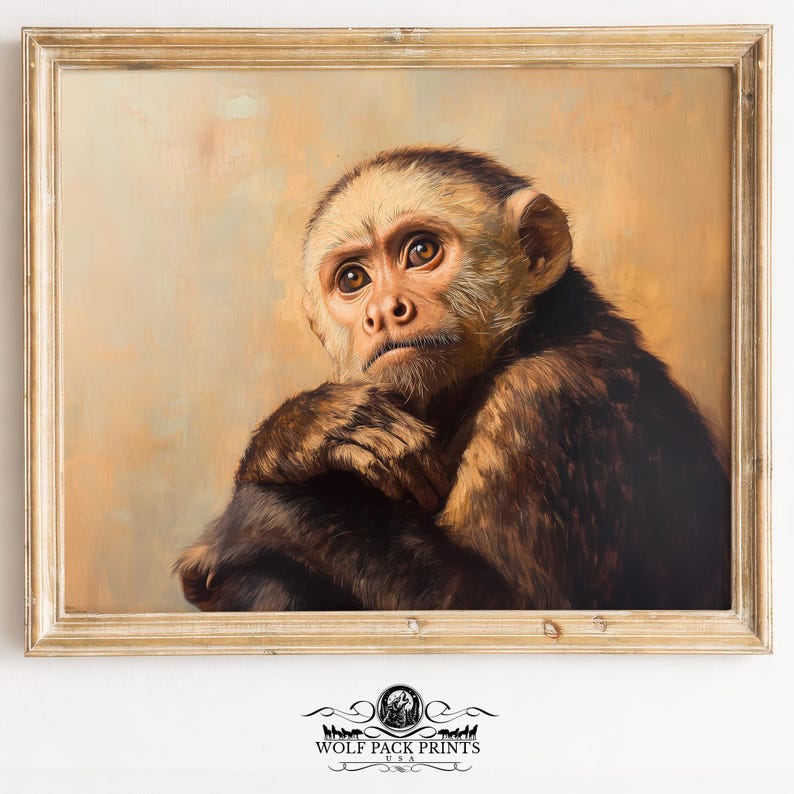 Rustic Monkeys Vintage Capuchin Monkey Portrait Art - Moody Animal Painting, Rustic ...