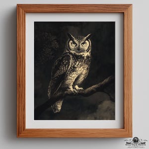 May include: A framed print featuring a detailed illustration of a great horned owl perched on a branch. The owl is depicted in shades of brown and white against a dark, moody background. The artwork is encased in a wooden frame.