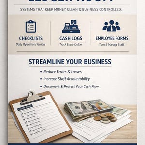 Könnte beinhalten: Werbebild für "Ledger Room" mit Checklisten, Kassenbüchern und Mitarbeiterformularen. Das Bild zeigt einen Klemmbrett mit einer Checkliste, Geldscheinen und Münzen, zur Förderung der Geschäftsoptimierung und Finanzkontrolle.