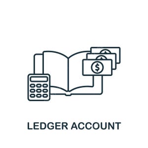 May include: A black and white line drawing of a ledger account icon. The icon includes an open book, a calculator, and three dollar bills. The text "LEDGER ACCOUNT" is below the icon.