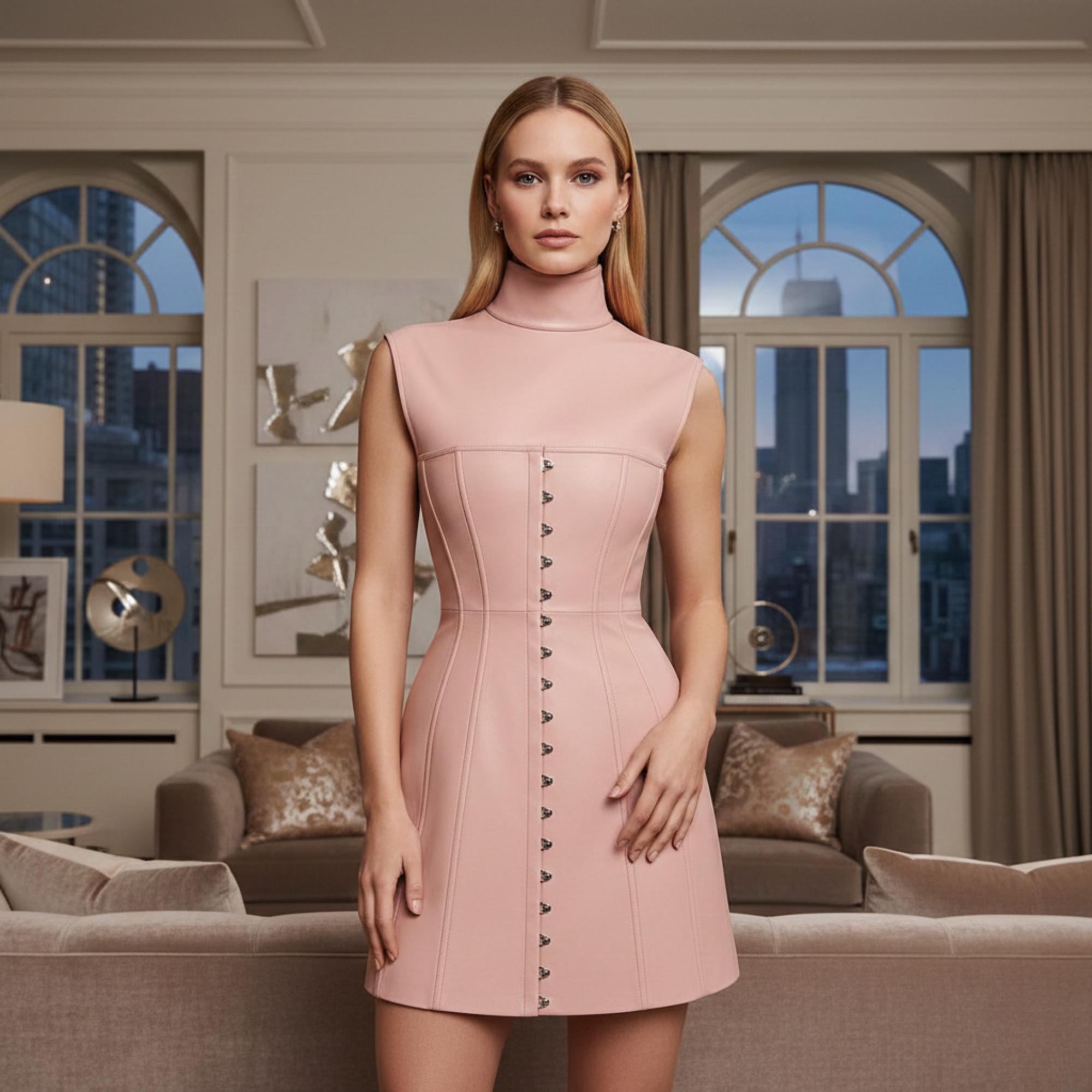 pink leather corset dress Blush Pink Sculpted Leather Mini Dress | Premium Leather Corset Panel Dress