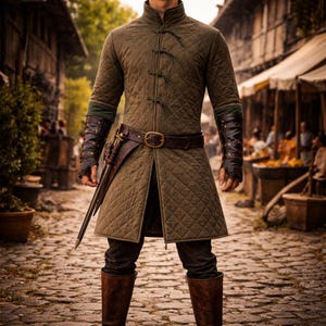 Könnte beinhalten: Ein gesteppter olivgrüner Mantel mit hohem Kragen und Rautenmuster. Der Mantel hat einen braunen Ledergürtel mit goldener Schnalle, und ein Schwert ist befestigt. Das Outfit umfasst braune Lederstiefel und Handschuhe.