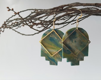 Galaxy polymer clay earrings with gold squares