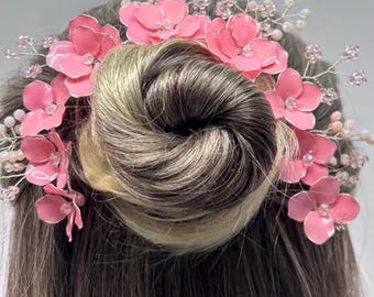 Pink Floral Bridal Hair Vine – Handmade Wedding Hair Accessory with Crystals and Beads