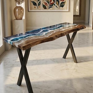 Custom Epoxy Resin Table | Ocean Waves Design Epoxy Resin Console Table | Epoxy Counter Top | Resin Coffee Table | Modern Entryway Table