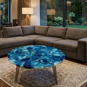 Mesa de centro de piedra de ágata azul, mesa auxiliar para sofá, mesa consola, centro de mesa de cristal con piedras preciosas para balcón, muebles y decoración de interiores para sala de estudio.