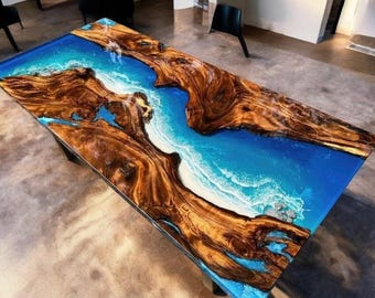 Custom Ocean Waves Epoxyhars eettafel, aanrechtblad van epoxy, salontafel hars, handgemaakte houten meubels, gepersonaliseerde tafel