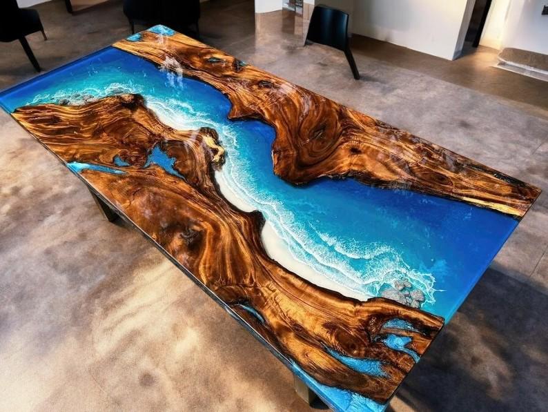 Custom Ocean Wave Epoxy Resin Dining Table, Live Edge Walnut Table ...
