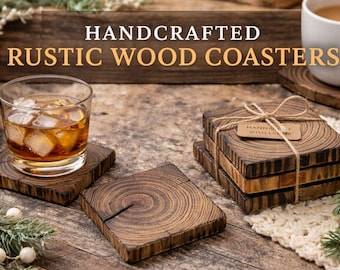 Rustic Wooden Coasters Set – Handmade Solid Wood Drink Coasters with Padded Backing, Farmhouse Table Decor