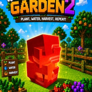 Può includere: Una grafica di gioco digitale intitolata GROW A GARDEN 2 con il sottotitolo PLANT, WATER, HARVEST, REPEAT! che mostra un grande blocco rosso in un giardino pixelato con recinzioni in legno, erba verde, alberi e aiuole con colture.