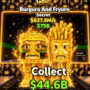 Puede incluir: Un gráfico digital con dos personajes de comida pixelados, una hamburguesa y patatas fritas, con el texto "Gold Burguro And Fryuro Secret". La imagen incluye el texto "Collect $44.6B" y otros datos financieros.