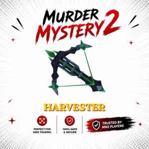 Pode incluir: Um gráfico digital apresentando uma besta escura com detalhes em verde, rotulado como Murder Mystery 2 e Harvester. A imagem inclui ícones de negociação e segurança, junto com o texto Trusted by MM2 Players em um fundo branco.