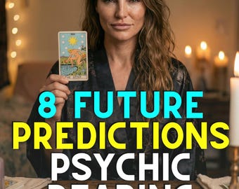 Könnte beinhalten: Eine Frau hält eine Tarotkarte mit dem Text "THE STAR". Das Bild enthält den Text "20 YEAR EXPERIENCED", "SAME HOUR SAME DAY", "8 FUTURE PREDICTIONS PSYCHIC READING". Der Hintergrund zeigt Kerzen und Kristalle.
