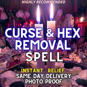 Könnte beinhalten: Ein Bild mit dem Text "CURSE & HEX REMOVAL SPELL". Zwei brennende Kerzen in der Mitte, mit dem Text "5 STAR REVIEWS HIGHLY RECOMMENDED" oben. Der Text "INSTANT RELIEF SAME DAY DELIVERY PHOTO PROOF" befindet sich unten.