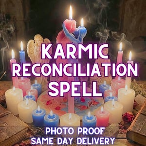 May include: A collection of lit candles in shades of pink, blue, and white, with the words "Karmic Reconciliation Spell." The image features angel statues, dried herbs, and two old books. Smoke curls upwards from the candles, creating a mystical scene.