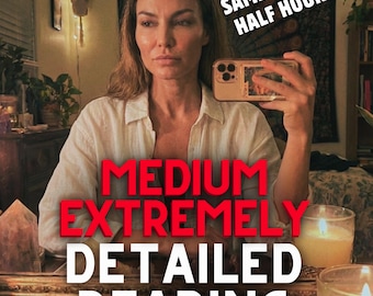 May include: A person wearing a white button-down shirt holding a smartphone. Text on the image reads: SAME HOUR HALF HOUR, MEDIUM EXTREMELY DETAILED READING. The scene includes lit candles and various crystals placed on a reflective surface.