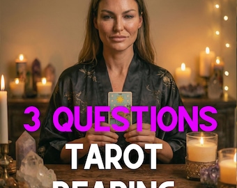 May include: A woman holding a tarot card, with text that reads "3 Questions Tarot Reading." The image also includes the text "20 Year Experienced" and "Same Hour Same Day." Candles and crystals are visible on the table.