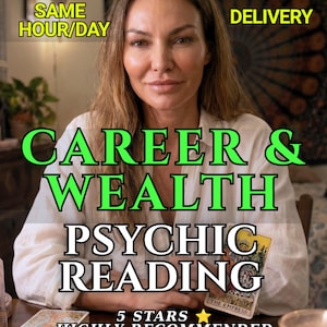 May include: A person wearing a white collared shirt sits behind a table with tarot cards, including The Empress card. Text on the image reads: SAME HOUR/DAY DELIVERY, CAREER & WEALTH PSYCHIC READING, 5 STARS HIGHLY RECOMMENDED.
