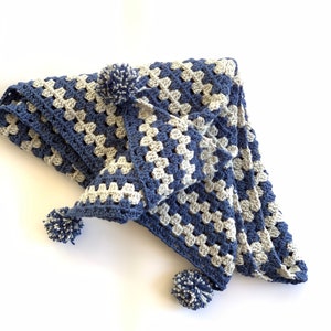 Handmade Crochet Shawl: Blue & Gray Triangle Wrap with Pompoms