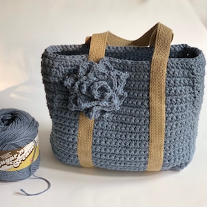 Denim Crochet Tote Bag: Handmade Cotton Purse with Flower