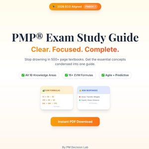 May include: A digital graphic for a PMP Exam Study Guide. The title is in dark blue, with the subtitle "Clear. Focused. Complete." The guide promises to condense essential concepts. Includes sections on knowledge areas, EVM formulas, and Agile + Predictive.
