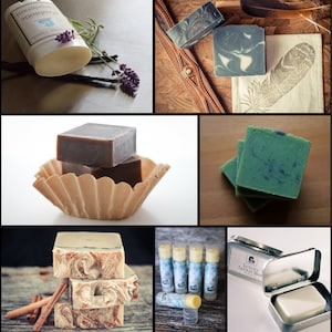 May include: A collage of handmade bath and body products. Includes a deodorant stick with lavender and vanilla, various soaps with marbled designs, lip balms, and a lotion bar in a tin. The products are arranged on rustic and neutral backgrounds.