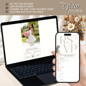 Może przedstawiać: Laptop i smartfon wyświetlające cyfrowe szablony zaproszeń na Quincea&ntilde;era. Ekran laptopa pokazuje zdjęcie osoby w białej sukni z tekstem ACOMPA&Ntilde;ANOS A CELEBRAR LA QUINCEA&Ntilde;ERA DE Bianca Garcia. Telefon wyświetla formularz potwierdzenia przybycia.
