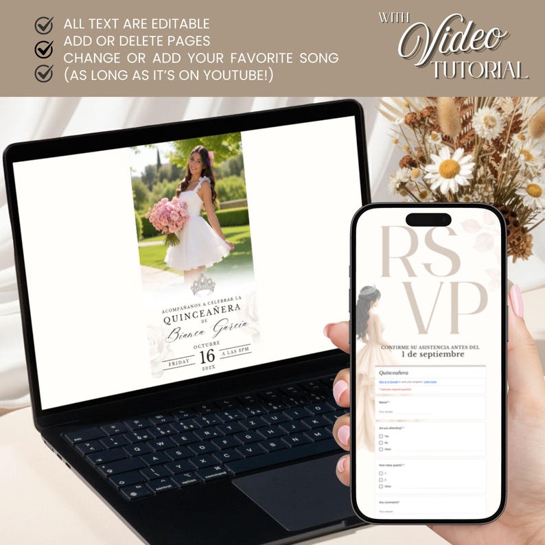 Może przedstawiać: Laptop i smartfon wyświetlające cyfrowe szablony zaproszeń na Quincea&ntilde;era. Ekran laptopa pokazuje zdjęcie osoby w białej sukni z tekstem ACOMPA&Ntilde;ANOS A CELEBRAR LA QUINCEA&Ntilde;ERA DE Bianca Garcia. Telefon wyświetla formularz potwierdzenia przybycia.