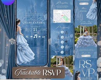 Fairytale Princess Quinceañera Website Invitation, Blue Royal Castle Theme | Editable Canva (Instant Download)