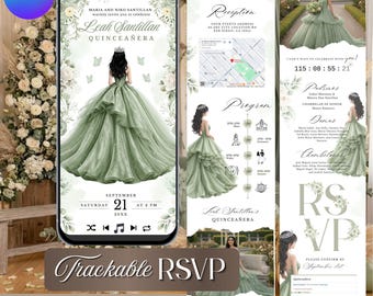 Sage Green Floral Quinceañera Website Invitation, Elegant Sweet 16, XV Años | RSVP Tracker (Instant Download)