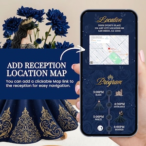 Puede incluir: Un tel&eacute;fono inteligente muestra un dise&ntilde;o de invitaci&oacute;n de boda con un fondo azul marino y detalles dorados. La pantalla muestra los detalles del evento, incluyendo un mapa, la ubicaci&oacute;n y el programa. El texto en la pantalla dice "Location" y "Program".