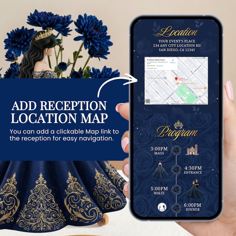 Puede incluir: Un tel&eacute;fono inteligente muestra un dise&ntilde;o de invitaci&oacute;n de boda con un fondo azul marino y detalles dorados. La pantalla muestra los detalles del evento, incluyendo un mapa, la ubicaci&oacute;n y el programa. El texto en la pantalla dice "Location" y "Program".