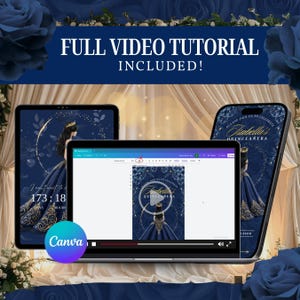 Puede incluir: Un tutorial de dise&ntilde;o digital para una invitaci&oacute;n de Quincea&ntilde;era, que se muestra en una computadora port&aacute;til, una tableta y un tel&eacute;fono inteligente. El dise&ntilde;o presenta una combinaci&oacute;n de colores azul marino y dorado con el texto "Isabella's Quincea&ntilde;era".