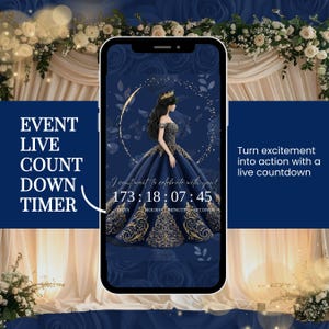 Puede incluir: Una pantalla de tel&eacute;fono inteligente muestra un temporizador de cuenta regresiva de eventos. La pantalla muestra a una mujer con un vestido azul, un temporizador que indica 173 d&iacute;as, 18 horas, 7 minutos y 45 segundos, y el texto "I can't wait to celebrate with you!"