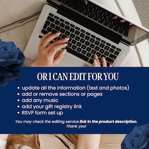 Puede incluir: Un port&aacute;til con teclado est&aacute; abierto, con manos escribiendo en &eacute;l. Se muestra el texto "OR I CAN EDIT FOR YOU", junto con una lista de servicios de edici&oacute;n. Un dise&ntilde;o floral azul est&aacute; en el fondo.