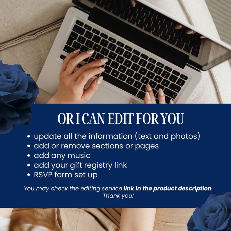 Puede incluir: Un port&aacute;til con teclado est&aacute; abierto, con manos escribiendo en &eacute;l. Se muestra el texto "OR I CAN EDIT FOR YOU", junto con una lista de servicios de edici&oacute;n. Un dise&ntilde;o floral azul est&aacute; en el fondo.