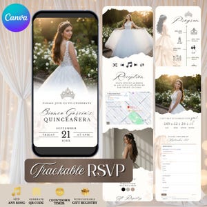 May include: A digital invitation for a Quinceañera, featuring a photo of a young woman in a white gown. The invitation includes event details, a reception map, and RSVP information. The design is elegant with floral accents.