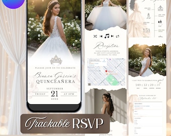 Modern vit Quinceañera-hemsidesinbjudan, boho-tema, OSA-spårning (nedladdning direkt)