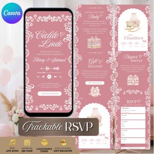 May include: A pink baby shower invitation design with floral accents and the text "Cielito Lindo." The design includes a countdown timer, gift registry, and RSVP section. The invitation is displayed on a smartphone.
