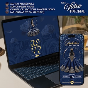 Puede incluir: Un port&aacute;til y un smartphone que muestran un dise&ntilde;o de invitaci&oacute;n de quincea&ntilde;era. El dise&ntilde;o presenta un fondo azul marino con detalles dorados, un motivo floral y una ilustraci&oacute;n de una mujer con un vestido de gala. El texto incluye "RSVP" y detalles del evento.