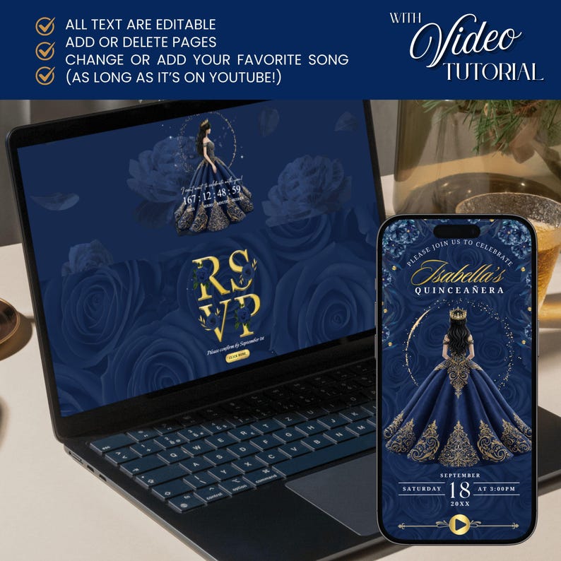 Puede incluir: Un port&aacute;til y un smartphone que muestran un dise&ntilde;o de invitaci&oacute;n de quincea&ntilde;era. El dise&ntilde;o presenta un fondo azul marino con detalles dorados, un motivo floral y una ilustraci&oacute;n de una mujer con un vestido de gala. El texto incluye "RSVP" y detalles del evento.