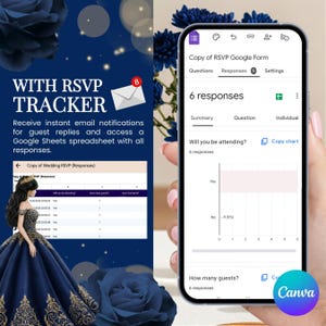 Puede incluir: Un tel&eacute;fono m&oacute;vil muestra un formulario de Google para confirmaciones de asistencia de boda, mostrando 6 respuestas. La imagen incluye texto: "WITH RSVP TRACKER" y "Reciba notificaciones instant&aacute;neas por correo electr&oacute;nico para las respuestas de los invitados."