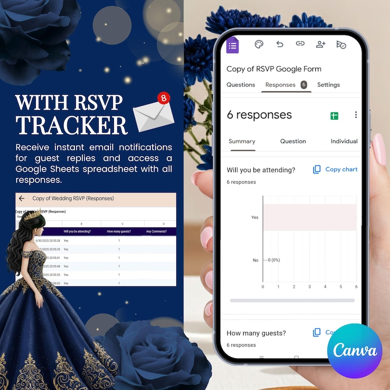 Puede incluir: Un tel&eacute;fono m&oacute;vil muestra un formulario de Google para confirmaciones de asistencia de boda, mostrando 6 respuestas. La imagen incluye texto: "WITH RSVP TRACKER" y "Reciba notificaciones instant&aacute;neas por correo electr&oacute;nico para las respuestas de los invitados."