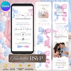 May include: A digital gender reveal invitation on a smartphone, with blue and pink ribbons and the text "He or She, What Will Baby Be?" Additional panels include countdown, RSVP, and gift registry details. The event is for Amanda & Marco.